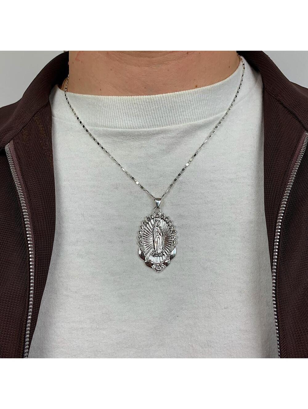Silver Saint Marry rhinestone pendant y2k 90s style necklace chain. Grunge punk